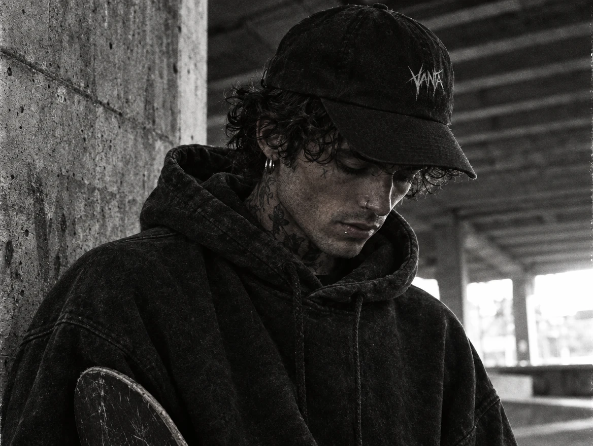 Skater in a worn cap and hoodie beneath concrete architecture