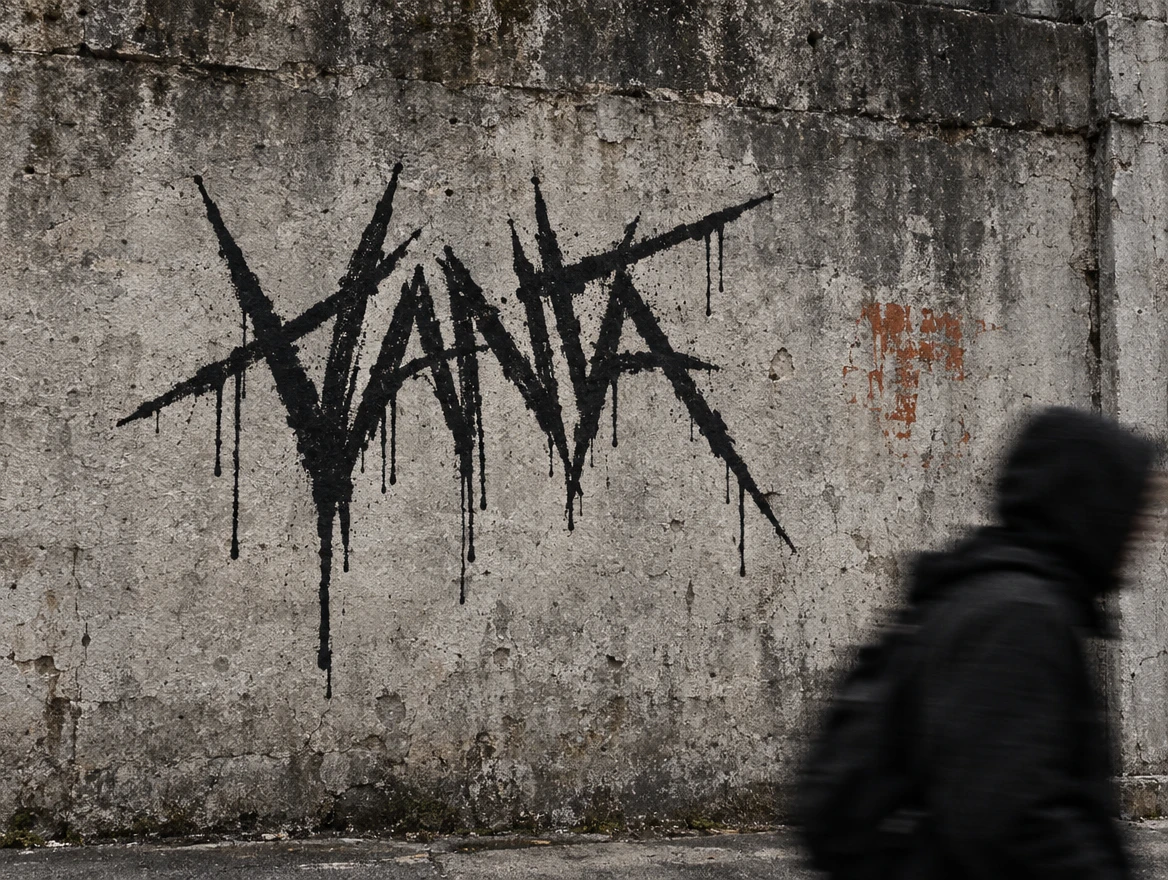 VANTA graffiti on weathered concrete, with a passing figure